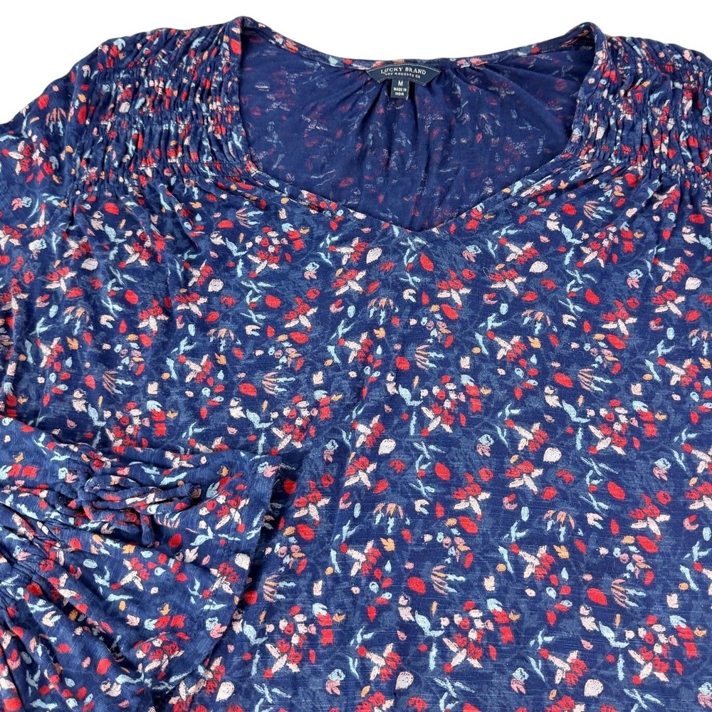 Lucky Brand V-neck Blue Floral Long sleeve Viscose Boho Country Western Top M - Picture 5 of 13